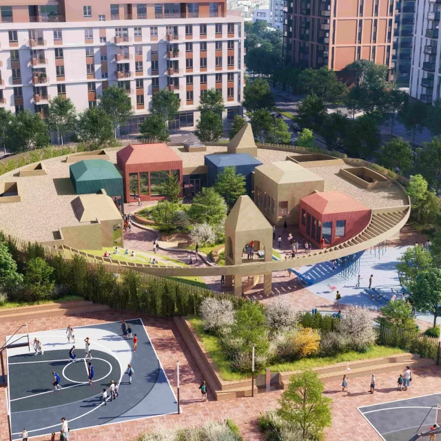 A modern kindergarten with a park and sports fields in Belgrade Waterfront