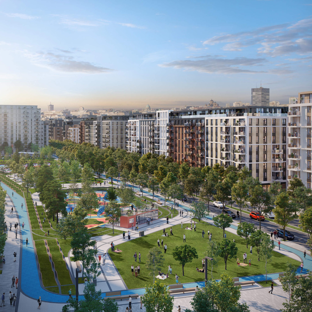 Children play in the Sava Park surrounded by nature, while the residents run along the running track and walk along the sidewalk.