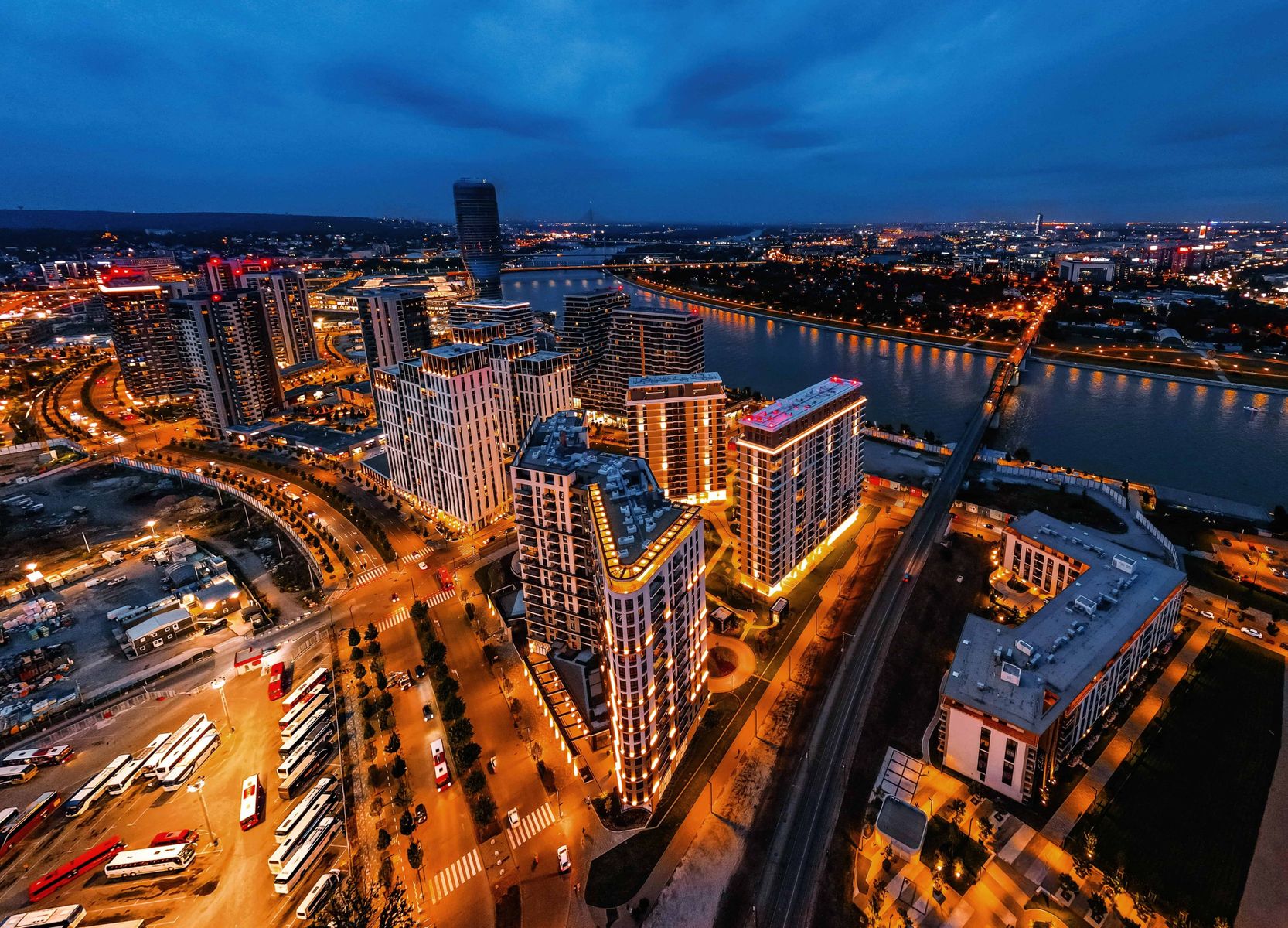 Night panorama of Belgrade Waterfront, the most attractive location in Belgrade.