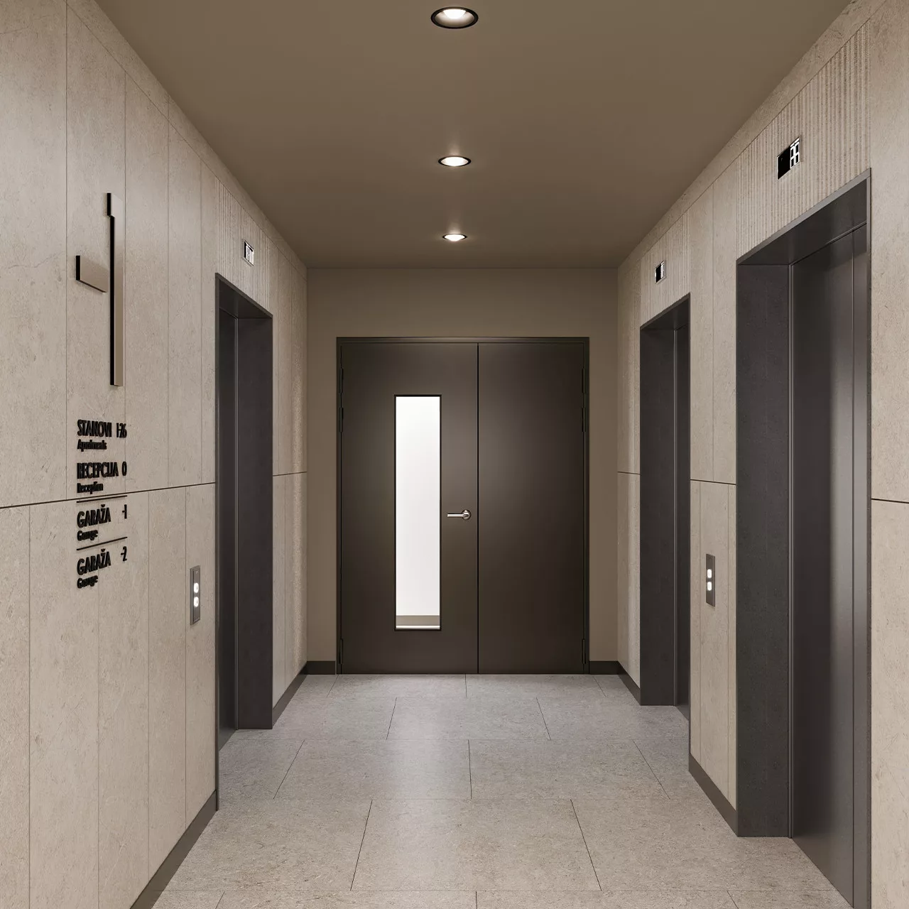 Corridor with elevators in the BW Rima building