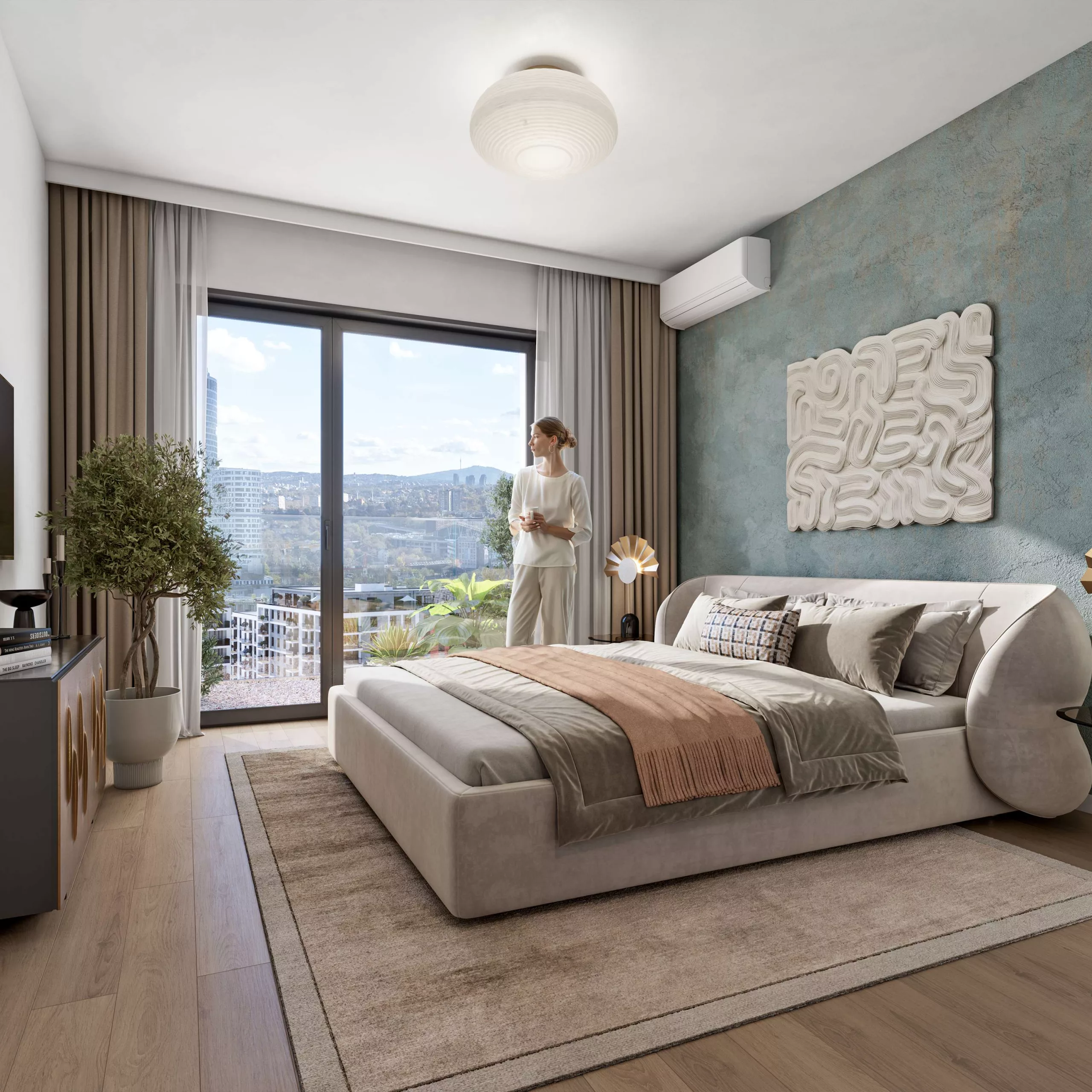 Bedroom with floor-to-ceiling windows in the BW Bella Building