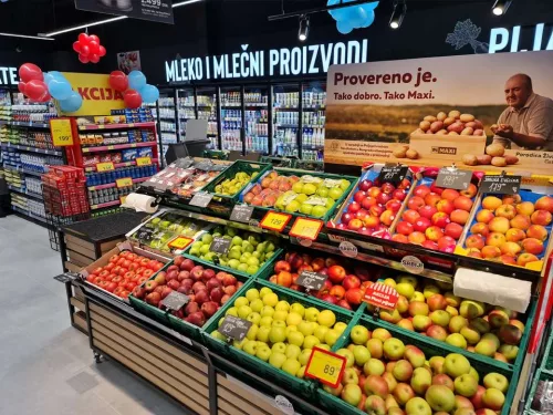 Fresh fruits and interior of Maxi Supermarket in Belgrade Waterfront