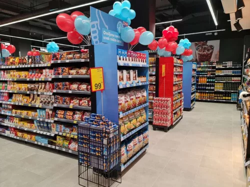 Full racks of Maxi Supermarket in Belgrade Waterfront