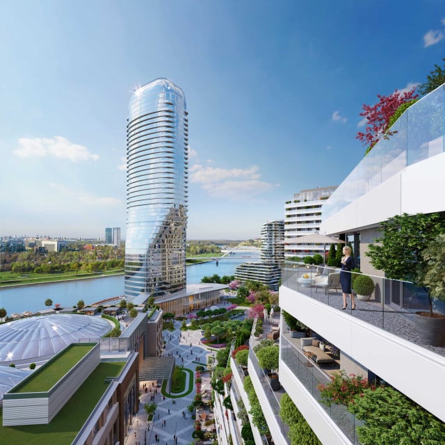 Terrace of the BW Dolce building overlooking the Sava River, Galerija, Kula Belgrade, and the new luxury pedestrian zone