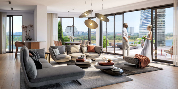 Living room in apartment 1007 overlooking Kula Beograd in the BW Dolce building