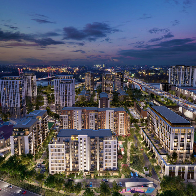 View of the BW Nova building and plot 29 at night.