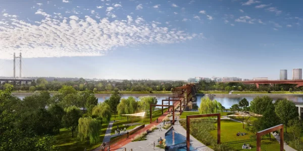 Linijski park sa prostorom za opuštanje i rekreaciju pored reke.