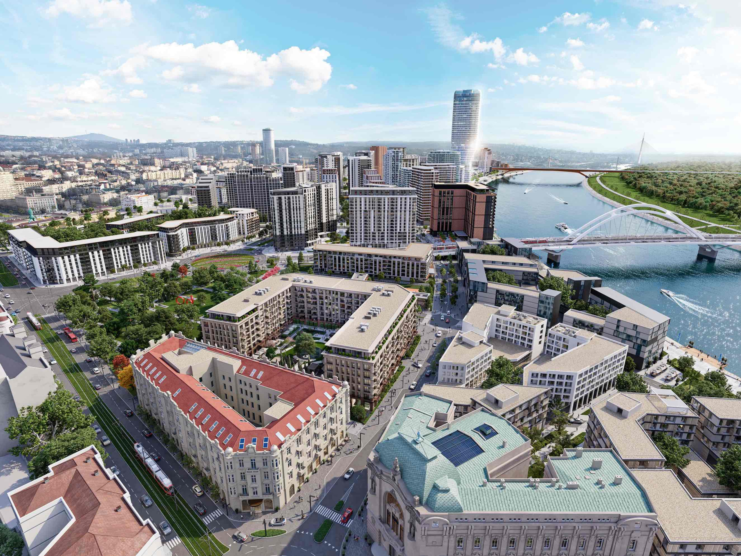 Bristol Residences i Hotel Bristol_7_ A bird's-eye view of Bristol Park bathed in sunlight, nestled within the magnificent surroundings of Belgrade Waterfront.