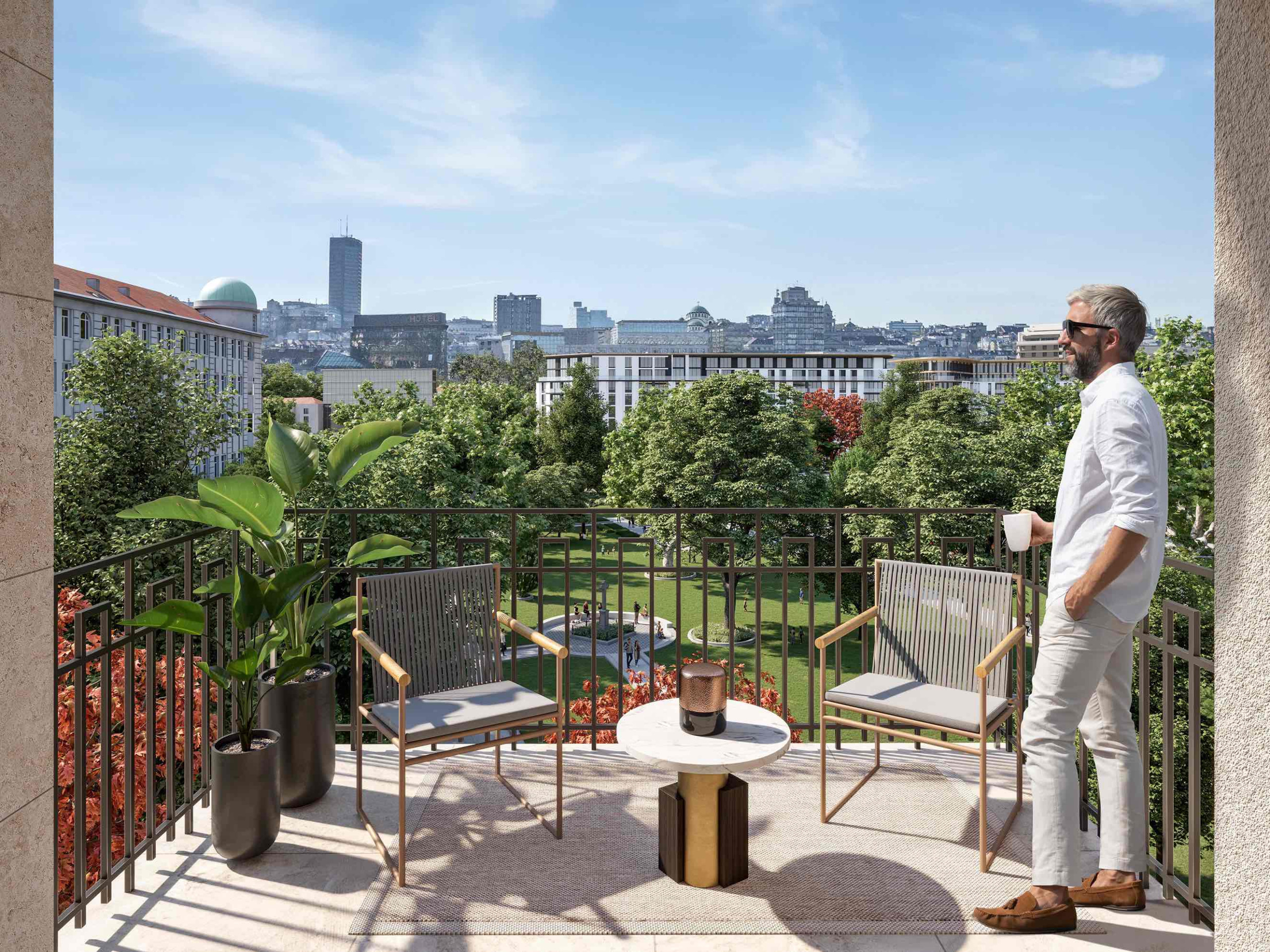 Bristol Residences_Terasa_Pogled na Bristol park_8_ A resident of the BW Residences building relaxes on their terrace, enjoying a beautiful view of Bristol Park.