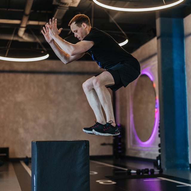 Exercising on the plyometric box at the MAVIC fitness center in Hercegovačka street in Belgrade