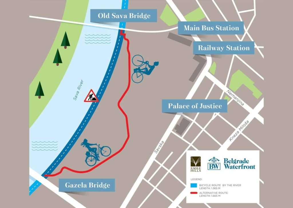 Part of the bicycle track from Old Sava Bridge up until 100m downstream from Gazela Bridge will be temporarily relocated due to construction works within the BW project.